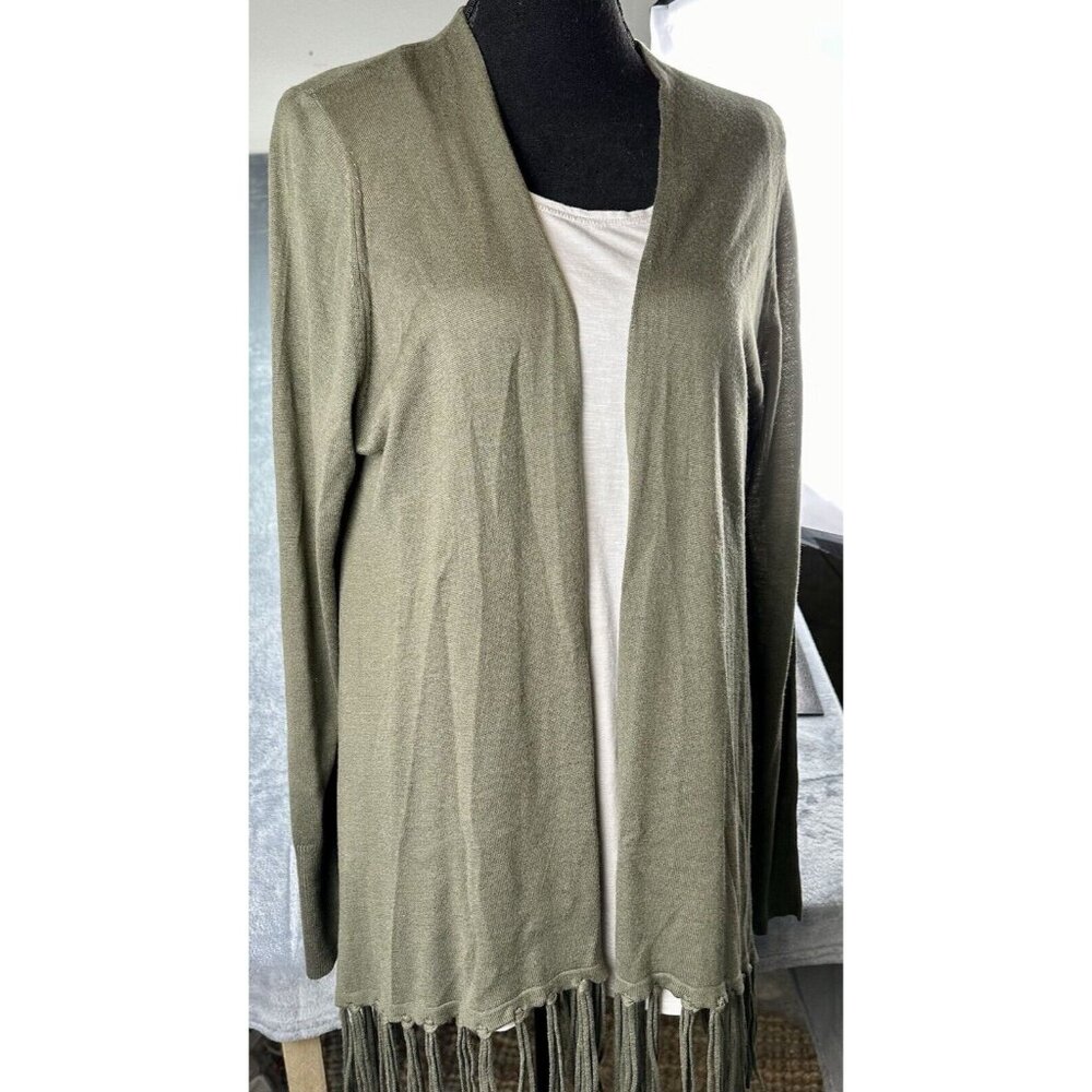 Lane Bryant Open Front Cardigan Women’s Size 14/16 Olive Green Fringe XL Knit